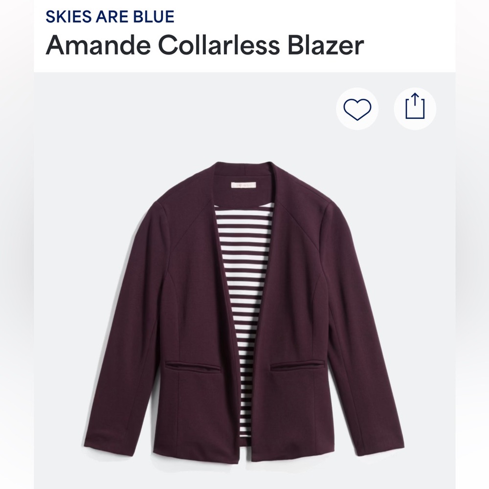 Skies are blue amande collarless blazer in purple size XL